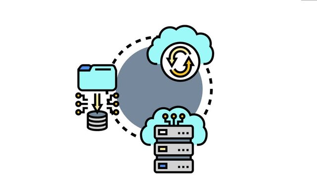 Digital infrastructure connecting cloud storage, database management, and server hardware, symbolizing a networked system for integrated data backup and scalable computing solutions