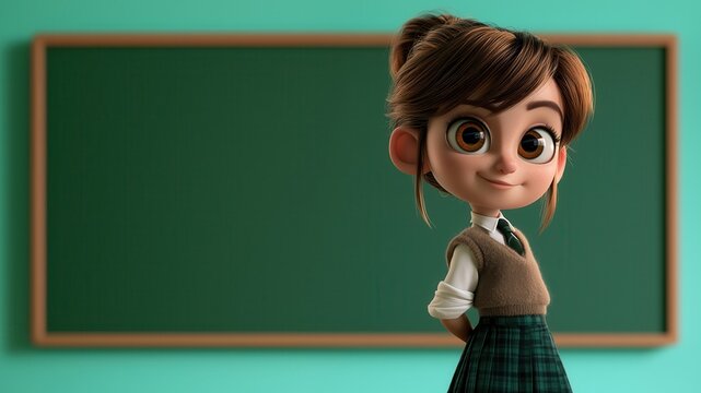 Animated character stands in classroom with green chalkboard behind, wearing school uniform with a friendly expression