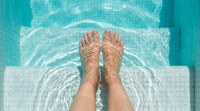 A pair of human feet resting on the submerged steps of a bright blue tiled swimming pool water.