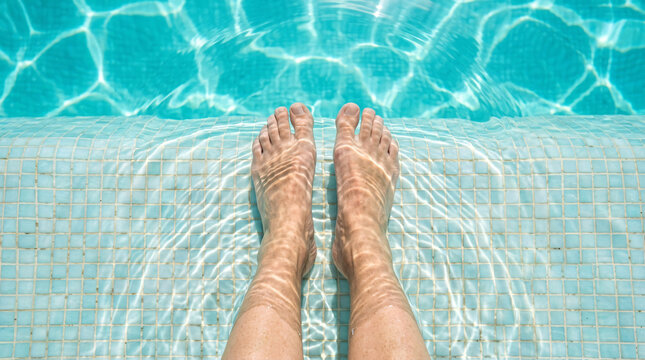 Human feet resting on the submerged steps of a bright blue tiled swimming pool with clear water.