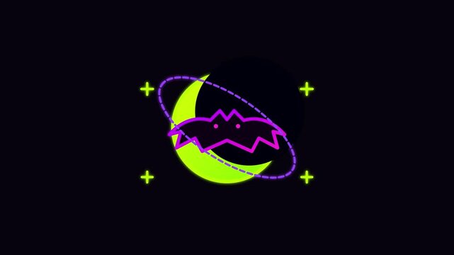 Bat icon with orbital ring animation glowing in bright neon lime and vibrant purple colors against a deep black background showing rhythmic motion sequence for festive holiday designs and creative gra