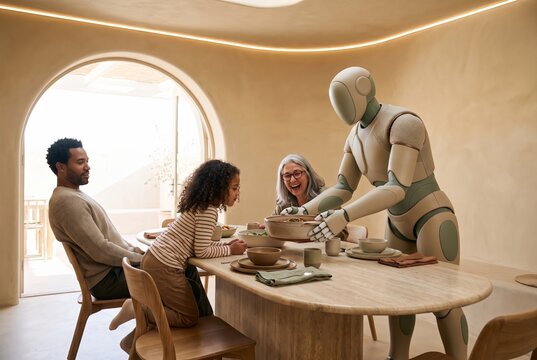 Humanoid Robot Serving Food To Family At Table