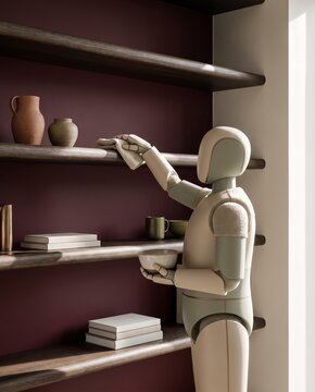 Humanoid Robot Dusting Shelf In Modern Home