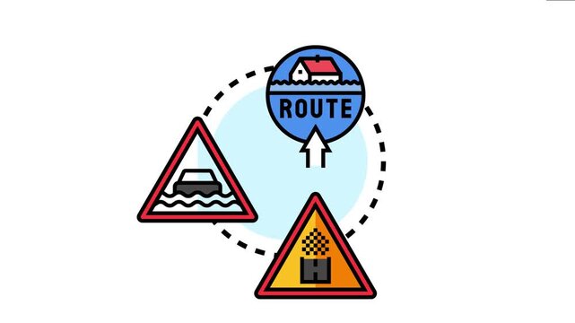 Journey hazard assessment displaying different road risks like flooding and loose gravel, emphasizing careful planning for route safety and potential obstacles