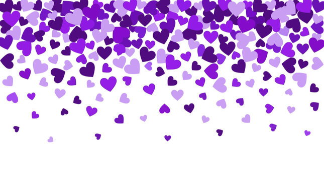 Falling purple and violet paper hearts confetti on a white background, perfect for Valentine's Day cards, wedding invitations and romantic digital backgrounds