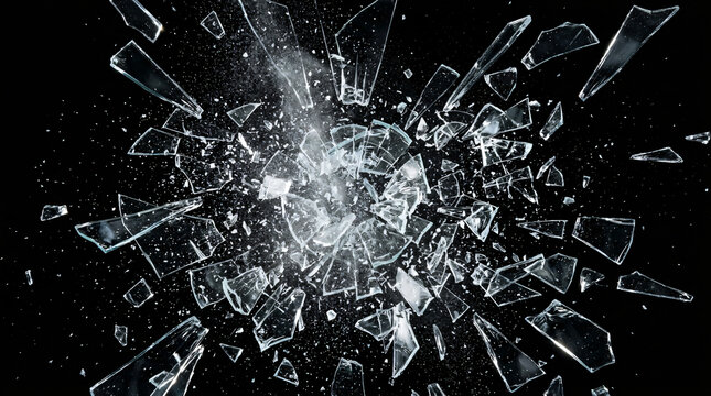 Sharp glass fragments exploding outward in a high-speed motion capture against a black backdrop.
