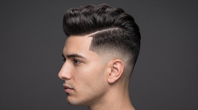 Modern pompadour hairstyle with skin fade, profile of young man with stylish haircut, professional barber grooming on dark background