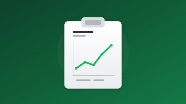 Clipboard animation showing upward financial growth line chart trends for business analysis digital footage performance tracking with green background interface elements displaying positive revenue me