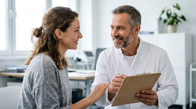 Doctor consulting female patient in bright clinic office, health check-up