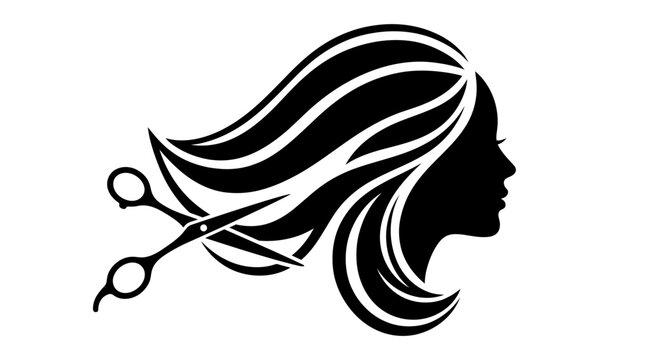 Silhouette of beautiful woman profile with long hair and professional scissors on white background, perfect for beauty salon branding, hair stylist logo and fashion advertising