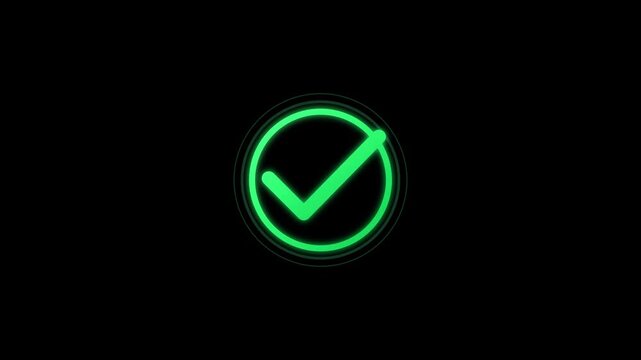 Glowing green checkmark animation loop footage displays successful task completion within a simple circular border set against deep black background creating clean digital motion graphics symbol for m