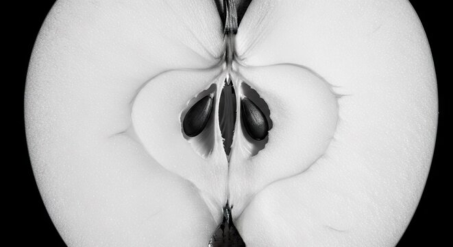 Close up monochrome view of a sliced apple fruit with seeds and core