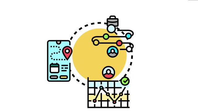 Journey tracking map visualizing a path with user profiles, a mobile device displaying a route, and a data graph for analyzing customer experience and business processes