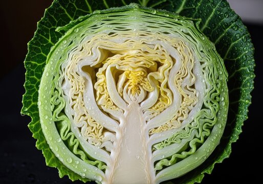 Close up of a freshly cut cabbage head showing internal layers and texture