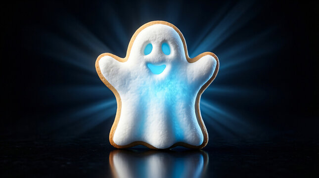 Glowing Blue Ghost Marshmallow Cookie on Black Reflective Surface Halloween Dessert