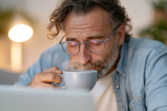 Man with glasses sips coffee while focused on laptop screen. His expression shows concentration, slight fatigue, and quiet determination. Soft lighting creates a cozy, intimate atmosphere