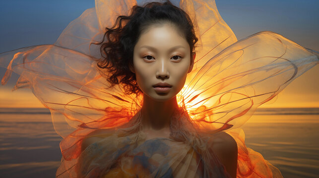 Beautiful asian woman by the ebach with make up and translucennt fabric