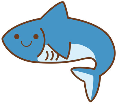 Cute blue shark cartoon character swimming cheerfully with friendly smile