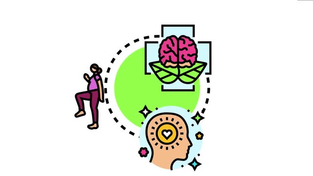 Person engaging in physical exercise linking to a healthy brain within a medical cross and a happy emotive profile with a bright heart, symbolizing well being