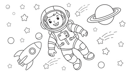 Naklejka premium Cute Astronaut Kid in Space with Rocket, Saturn Planet and Stars, Black and White Coloring Page Illustration for Children