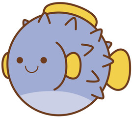 Cute round pufferfish cartoon character swimming puffed up with spines © Kitipong