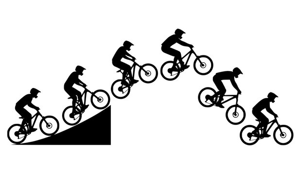 Black silhouette of a mountain biker performing a jump trick on a ramp isolated on white background