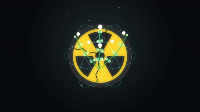 Loop 3d animation of cracked radioactive hazard sign with new growth, danger to nature, hope
