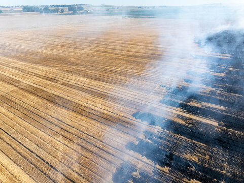 Burned agricultural land seen from above with smoke plumes rising