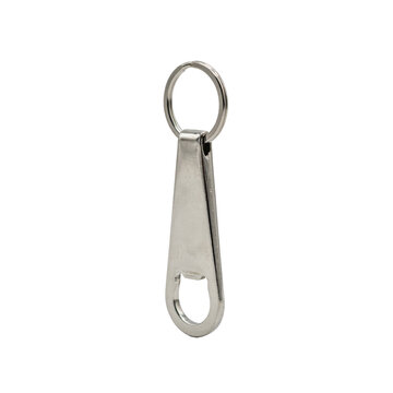 Silver metal zipper pull tab replacement with a circular split ring isolated on a transparent background