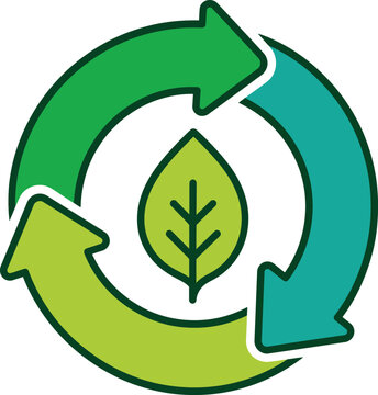 Circular recycling arrows enclosing green leaf symbol representing sustainability and organic cycle.