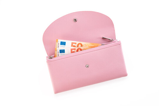 Open pink leather wallet with fifty euro banknotes inside isolated on white background