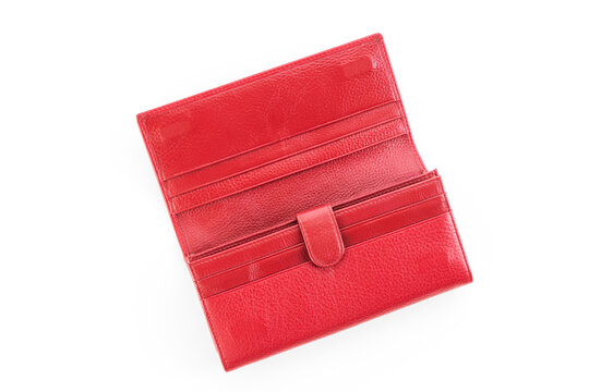 Open empty red leather wallet isolated on white background