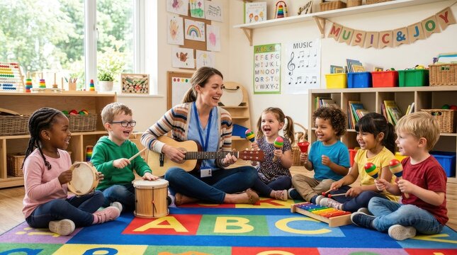 A cheerful teacher is seated on the floor with a group of young children, all engaged in a music activity.