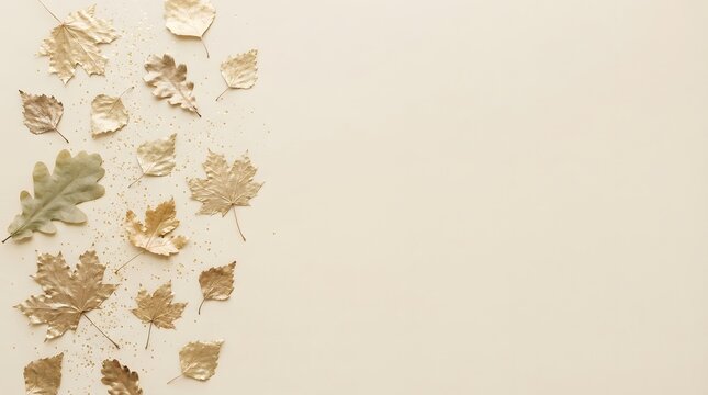 Collection of golden painted autumn leaves arranged on a light beige background, flat lay composition with copy space