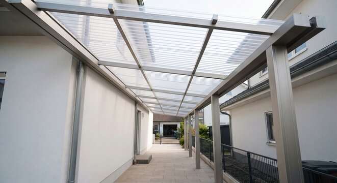 Modern patio roof providing shelter over paved walkway at residential house, contemporary architectural design.