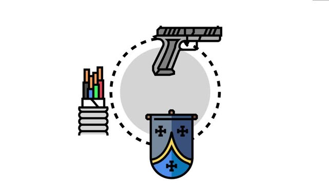 Central g emblem a pistol, an electrical cable bundle, and a medieval banner, representing concepts of security, technology, and heraldry in an isolated 