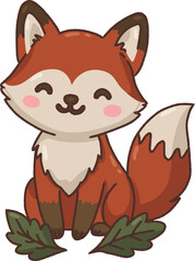 Fototapeta premium Adorable sitting red fox surrounded by green leaves illustration for autumn woodland animal set.