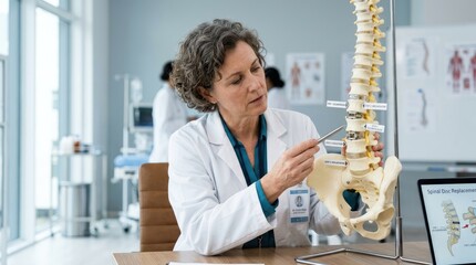 Obraz premium A female doctor examines a spinal disc model. She is wearing a white lab coat and is seated at a table in a medical office.