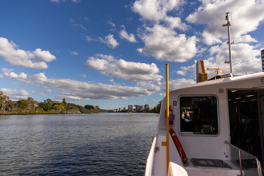 view from the back of a City Cat towards West End in Brisbane