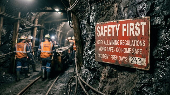 Coal mining operation with workers wearing hard hats and safety vests inside dark underground tunnel, emphasizing workplace safety and industrial regulations.