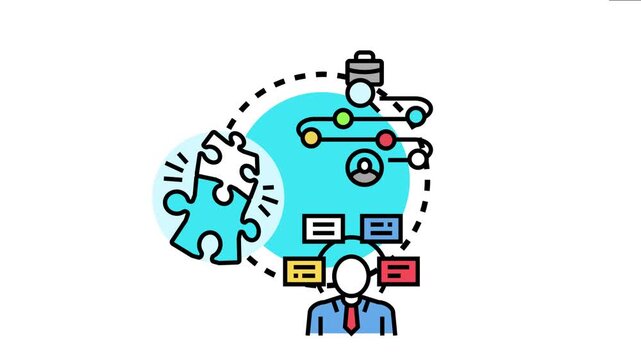 Business person thinking about a solution and planning process steps, fitting a puzzle piece into a problem solving strategy, and identifying potential work challenges