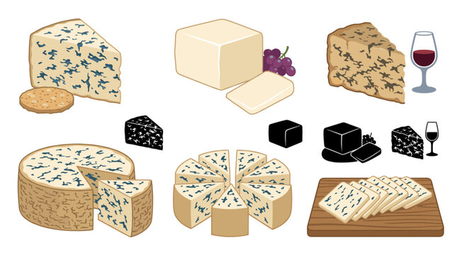 Professional vector collection featuring different styles of Stilton cheese, classic blue Stilton, white Stilton, aged Stilton, Stilton wheel, cheese wedges, and sliced Stilton