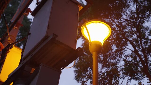 Street Lamp Beside Electrical Transformer Equipment at Dusk