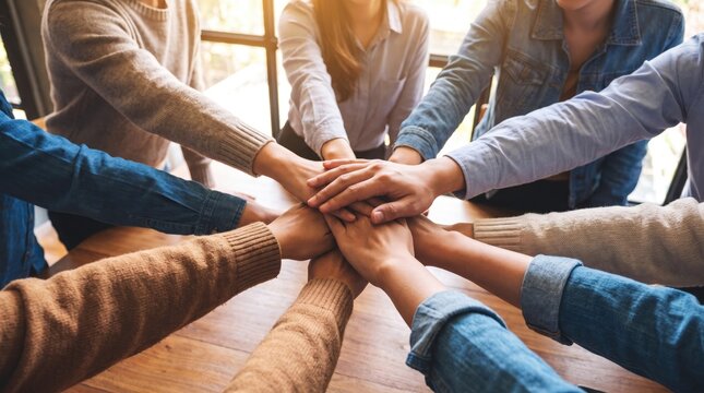 Diverse group of people stacking their hands together in a circle to show unity and teamwork