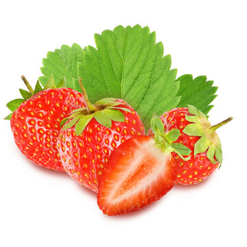 Strawberries and green leaves  with one cut in half isolated on transparent background, PNG file