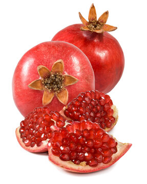 Fresh pomegranates with their skin and seeds displayed in simple arrangement isolated on transparent background, PNG file