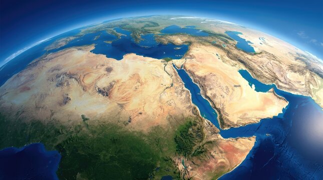 A digitally rendered image showcases a spherical Earth, prominently featuring the Middle East and North Africa region.