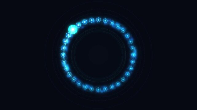 Looping 3d animation ring composed of hexagonal elements with moving plasma energy clumps, futuristic technology and sci-fi theme