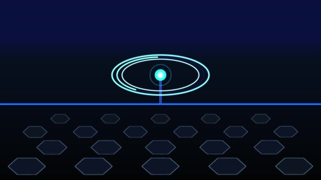 Futuristic 3d loop animation a metal honeycomb landscape with glowing blue torus node