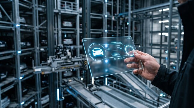 A technician using a digital tablet to control an automated car warehouse